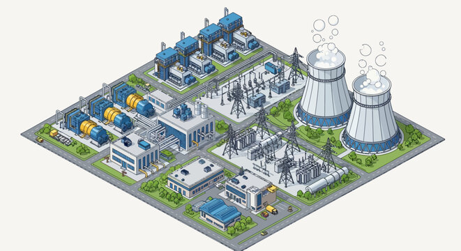 Isometric illustration of a modern nuclear power plant facility.