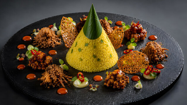 An exquisite deconstructed nasi tumpeng presented as a fine dining masterpiece, featuring a turmeric rice cone surrounded by gourmet side dishes on a dark stone plate.
