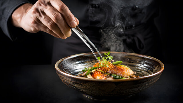 Professional chef using tweezers to arrange microgreens on a steaming hot gourmet noodle dish in a ceramic bowl over a dark background