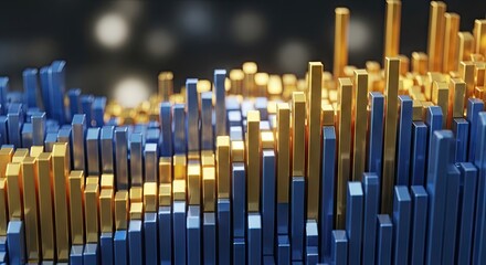 Fototapeta premium Abstract 3D gold and blue geometric bar landscape.