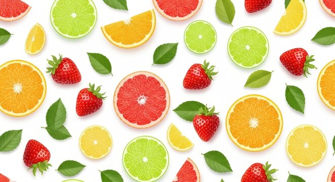 Seamless pattern with vibrant citrus slices, fresh strawberries, and green leaves on a white background for wallpaper or textile designs, decor, repeatable, strawberry