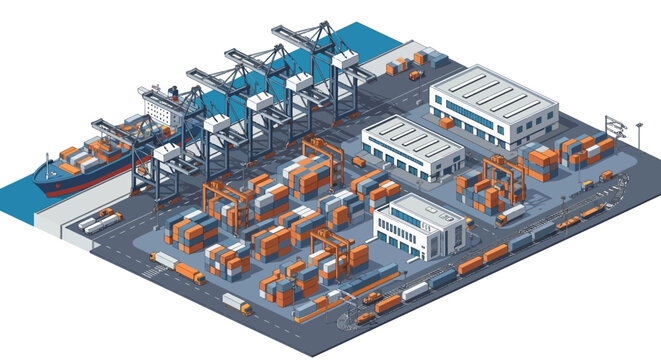 Isometric illustration of a modern container port terminal with cargo ship and cranes.