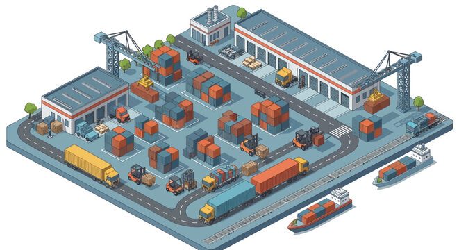Isometric logistics industrial port terminal with shipping containers and transport.