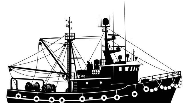 Silhouette of a fishing trawler boat.