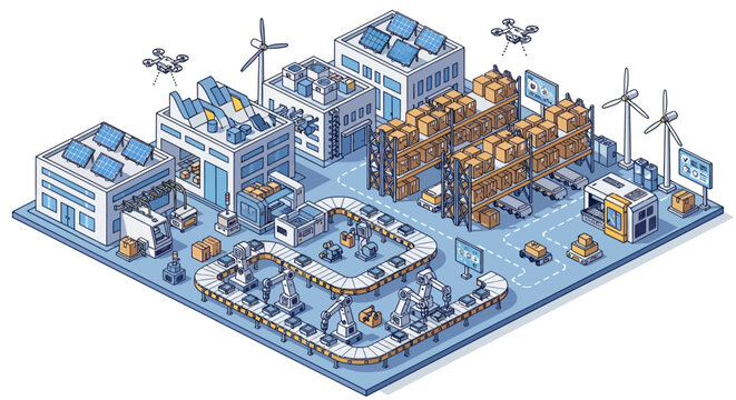 Isometric illustration of a modern smart automated factory with warehouse and renewable energy.