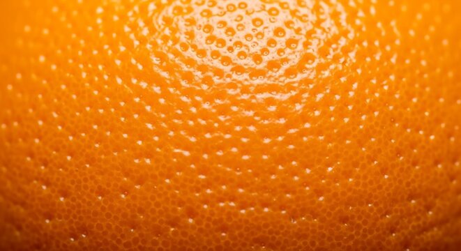 Extreme macro shot of a vibrant orange citrus rind showing detailed pores, glossy highlights, and natural organic bumps in soft lighting, color, zest, natural