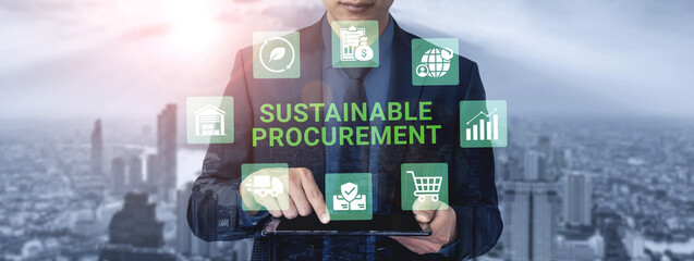 Naklejka premium A businessman interacts with a tablet, surrounded by digital icons representing sustainable procurement. This image highlights the integration of technology in ethical business practices. Ledger
