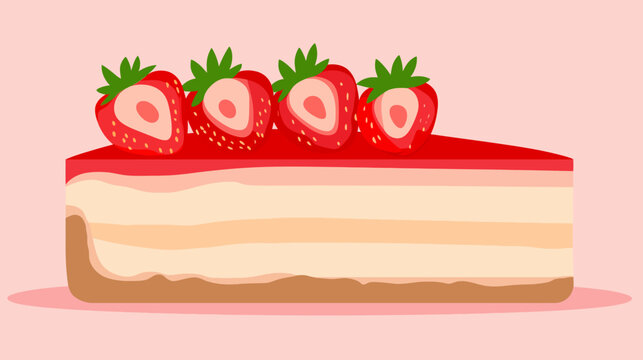 A single slice of dessert featuring layers and topped with four halved strawberries. Background pink