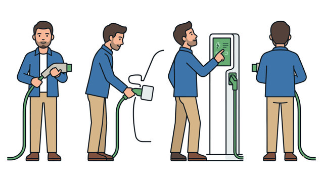 Electric vehicle charging station man character set plugging in car and using terminal.