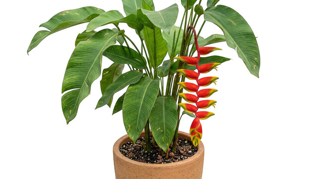 A potted Heliconia plant with vibrant red and yellow hanging flower bracts and large green leaves.