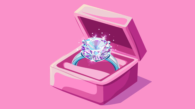 A sparkling, large-cut diamond ring presented in a pink, open jewelry box on a solid pink background