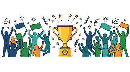 A gold trophy cup surrounded by a cheering crowd of soccer fans celebrating a championship victory. © NurulFatikha Saputri