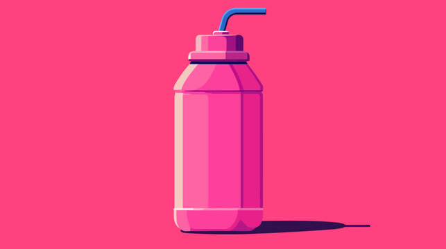 A cartoon illustration featuring a pink bottle with a blue straw against a pink background