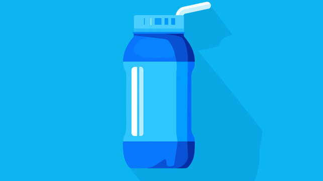 Illustration of a blue water bottle with a straw on a solid blue background, simple flat design