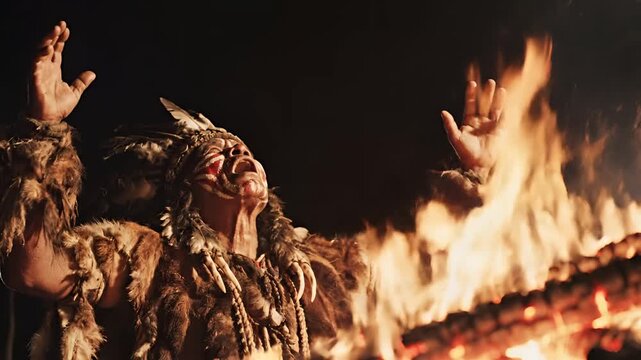 Indigenous shaman performing ritual fire ceremony at night.