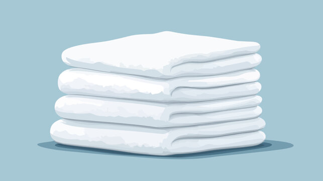 A stack of neatly folded, fluffy white towels, arranged on a soft, blue-gray background
