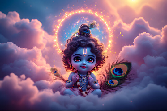 Beautiful wallpaper of baby Krishna floating on soft white clouds, shining divine halo, pastel blue sky, soft sparkles, softly shining peacock feathers