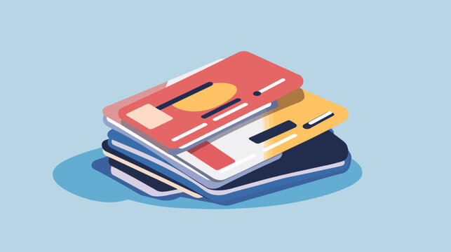 Isometric illustration of a stack of colored cards with geometric patterns, casting a shadow
