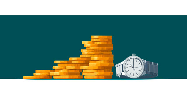 Financial illustration featuring stacks of gold coins of varying heights and a modern watch on teal background