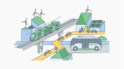 Fototapeta premium Illustration of a sustainable transport network with electric trains, bicycles and autonomous buses, in the style of a futuristic eco-city, isolated on a white background.