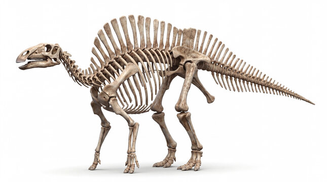 Ouranosaurus nigeriensis full skeleton displayed in anatomical scientific reconstruction with accurate bone structure and proportions, isolated on white background