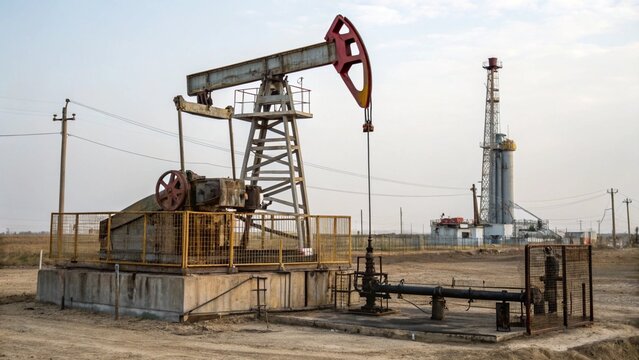 Oil Pump, Fossil Fuel Energy, Old Pumping Unit. Platform. Extraction of pumping station. Industrial oil pump jack working and pumping crude oil for fossil fuel energy with drilling rig in oil field.
