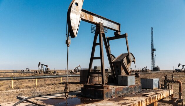 Oil Pump, Fossil Fuel Energy, Old Pumping Unit. Platform. Extraction of pumping station. Industrial oil pump jack working and pumping crude oil for fossil fuel energy with drilling rig in oil field.
