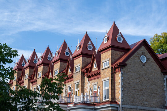 Quebec City, Quebec, Canada-May 23, 2026: Joseph-Abraham-Gagnon Terrace was designed by Georges Emile Tanguay in the early 1900s. The row of six heritage houses is in the Neo Queen Anne style.