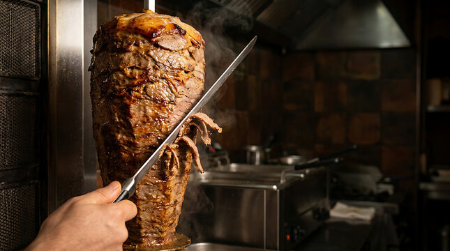 Juicy beef doner kebab cone being expertly shaved with a long knife in a professional kitchen setting