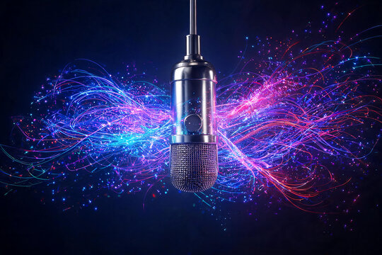 Primer plano de un micr&oacute;fono de estudio Shure SM7B profesional montado en brazo articulado met&aacute;lico. Equipo de audio para podcasting, streaming y locuci&oacute;n en fondo oscuro.
