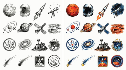 Collection of space-themed illustrations featuring planets, rockets, astronauts, and celestial bodies in both sketch and watercolor styles. © Renald