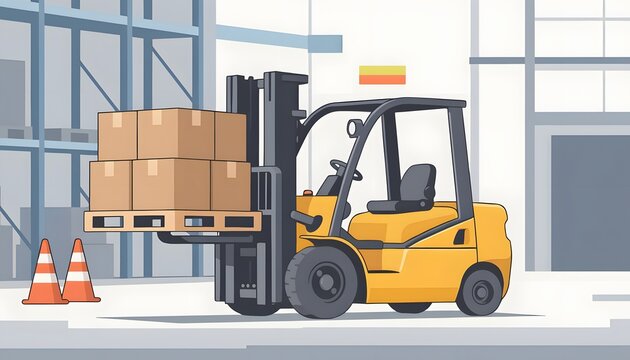 Yellow forklift truck in a warehouse lifts a pallet loaded with cardboard boxes, illustrating logistics and delivery services