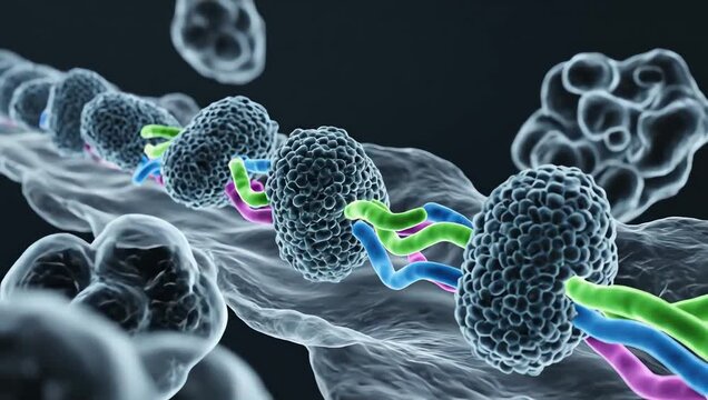 Ribosomes assembling glowing protein chains inside a living human cell