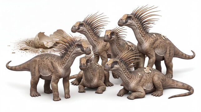 Bajadasaurus pronuspinax hatchlings near a nest, realistic 3D render of sauropod dinosaur babies on a clean white background, detailed prehistoric scene.