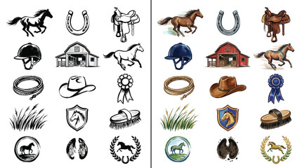 Equestrian and Horse Riding Themed Vector Icons and Illustrations Set, Featuring Horses, Barns, Saddles, Helmets, and Other Ranch Elements. © Renald