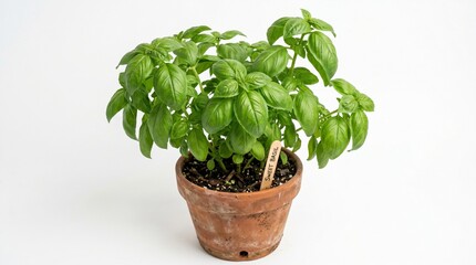 Fototapeta premium Fresh Green Basil Plant in Terracotta Pot on White Background