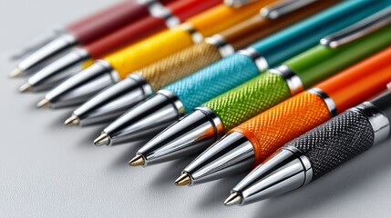 Fototapeta premium Colorful ballpoint pens arranged in a row on white background. Transparent plastic barrels with metallic tips, vibrant rainbow colors for school, office, writing, study, creativity.