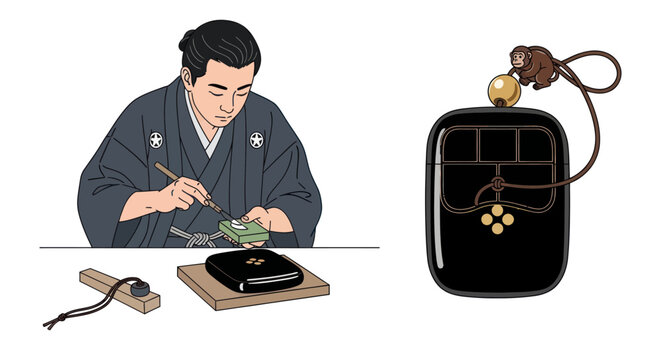 Japanese Craftsman Making Inro Vector Illustration