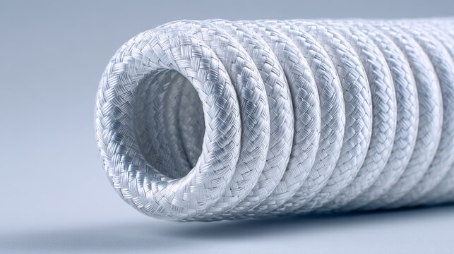 Close up of flexible white industrial hose pipe, coiled texture with ribbed surface, plumbing and drainage equipment concept.