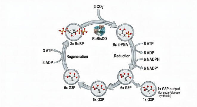High-Resolution 3D Scientific Diagram of the Calvin Cycle (Photosynthesis Dark Reactions) with Molecular Models