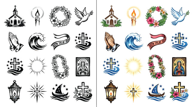 Set of religious and spiritual symbols in black and white and colored versions, including church, candle, wreath, dove, praying hands, wave, banner, cross, sun, Mary, lantern, star, and boat.