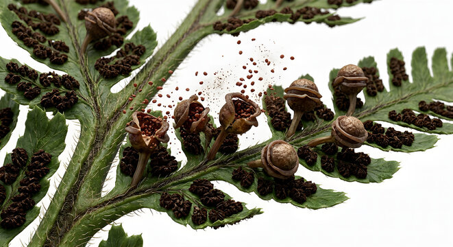 Scientific 3D Render of Fern Sporangia Releasing Spores on White Background
