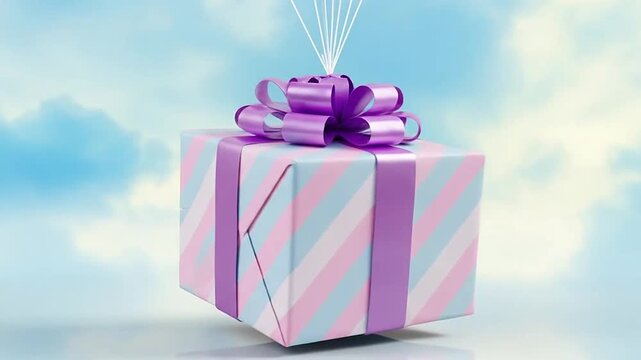 A gift box tied with a ribbon floats in the sky held by colorful balloons