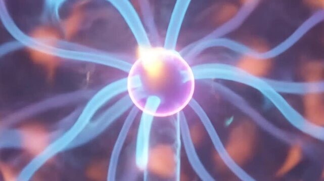 A glowing plasma sphere emits vibrant electrical energy beams in a dark room