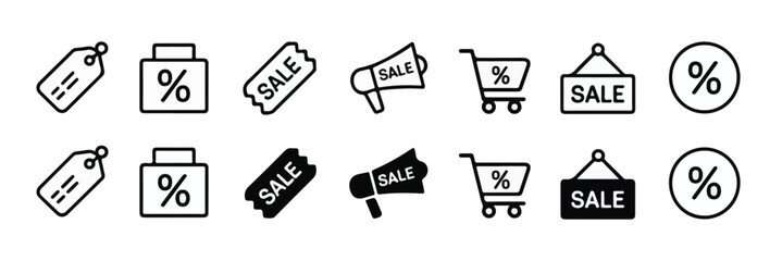Fototapeta premium Essential Shopping and Discount Icon Set Line Art and Solid Styles for Modern Marketing and E-commerce