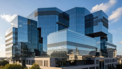 Obraz premium Large modern glass office building with modular block design.