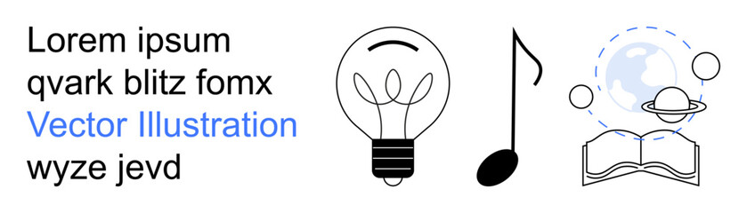 Education, creativity, knowledge sharing, learning tools, idea creation, music culture. Digital vector showing a light bulb, musical note open book globe and orbit concept. Education and creativity © robu_s