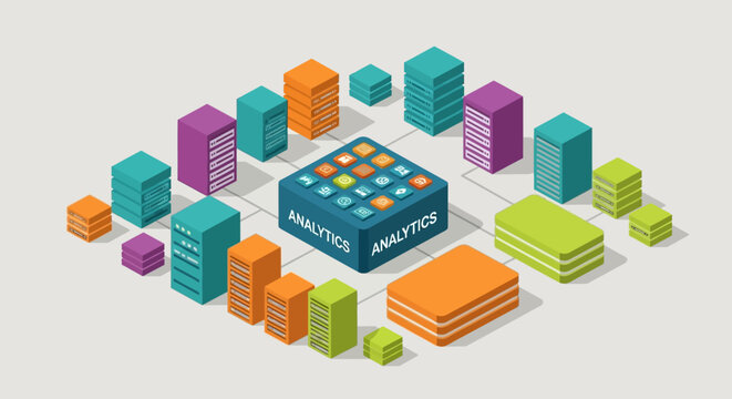 Colorful isometric blocks around a central processor.