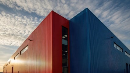 Obraz premium Red and blue corrugated metal industrial building exterior.