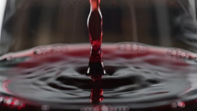 Close up slow motion of red wine splashing into a glass.